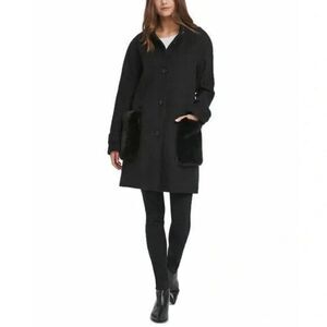 DKNY Women's Faux-Fur-Pocket Walker Coat Black Wool Blend Petite Extra Small NWT
